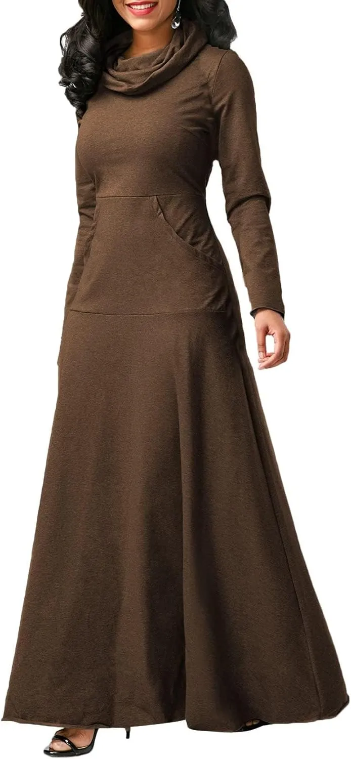 Womens Turtleneck Long Sleeve Maxi Sweatshirt Dress Fall Winter Solid Oversized Swing Dress with Pockets