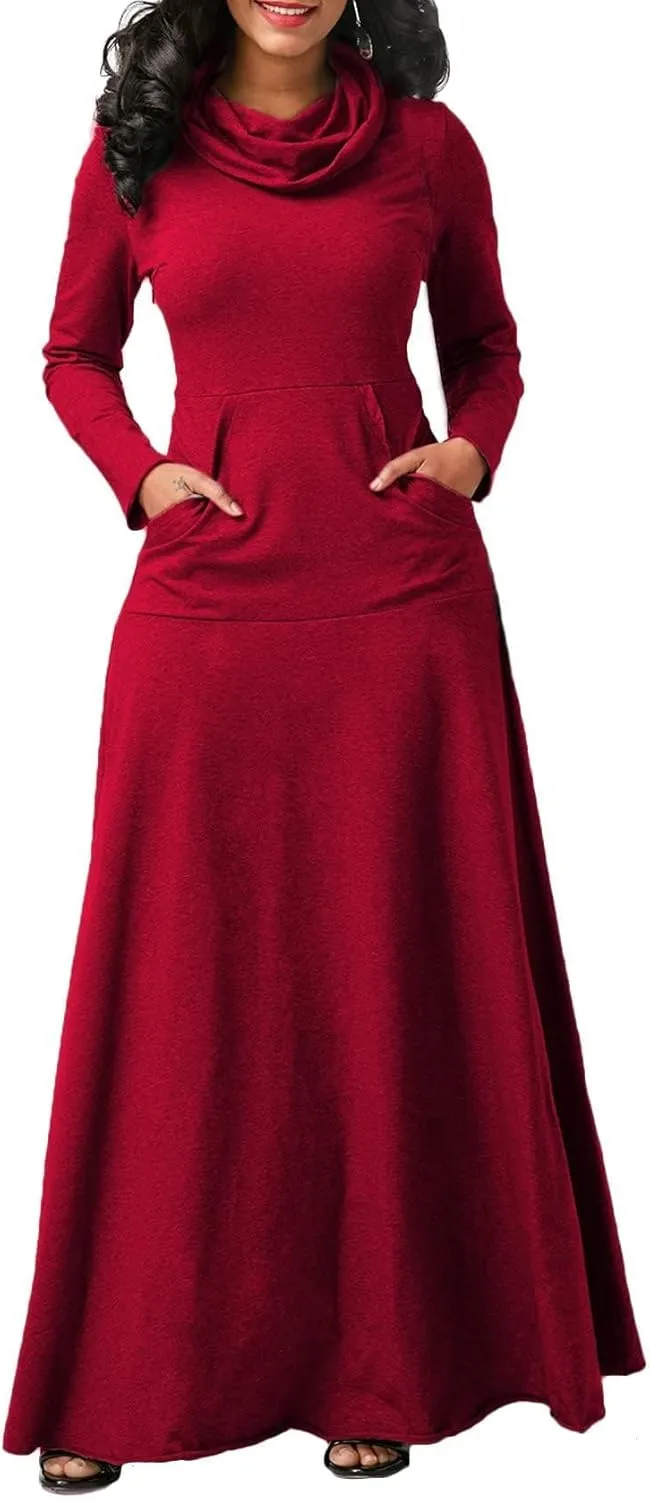 Womens Turtleneck Long Sleeve Maxi Sweatshirt Dress Fall Winter Solid Oversized Swing Dress with Pockets