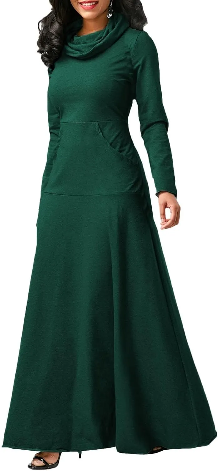 Womens Turtleneck Long Sleeve Maxi Sweatshirt Dress Fall Winter Solid Oversized Swing Dress with Pockets