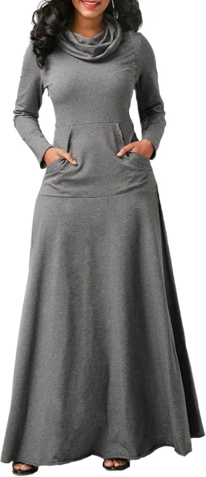 Womens Turtleneck Long Sleeve Maxi Sweatshirt Dress Fall Winter Solid Oversized Swing Dress with Pockets