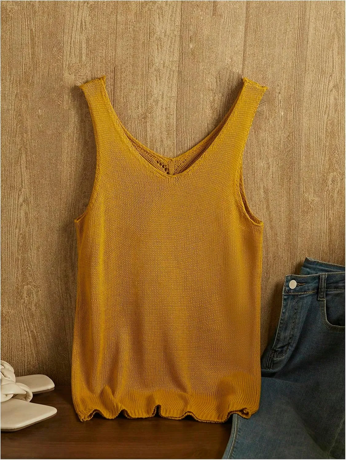 Women's V Neck Sleeveless Sweater Vests Crochet Summer Causal Knit Tank Top