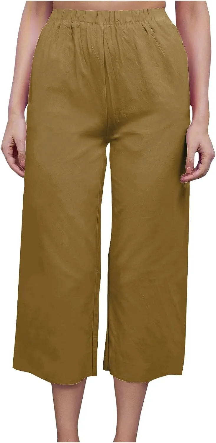 Women's Wide Leg Cropped Pants High Waist Cotton Linen Capris Pants Summer Vacation Fashion Outfit Casual Trousers