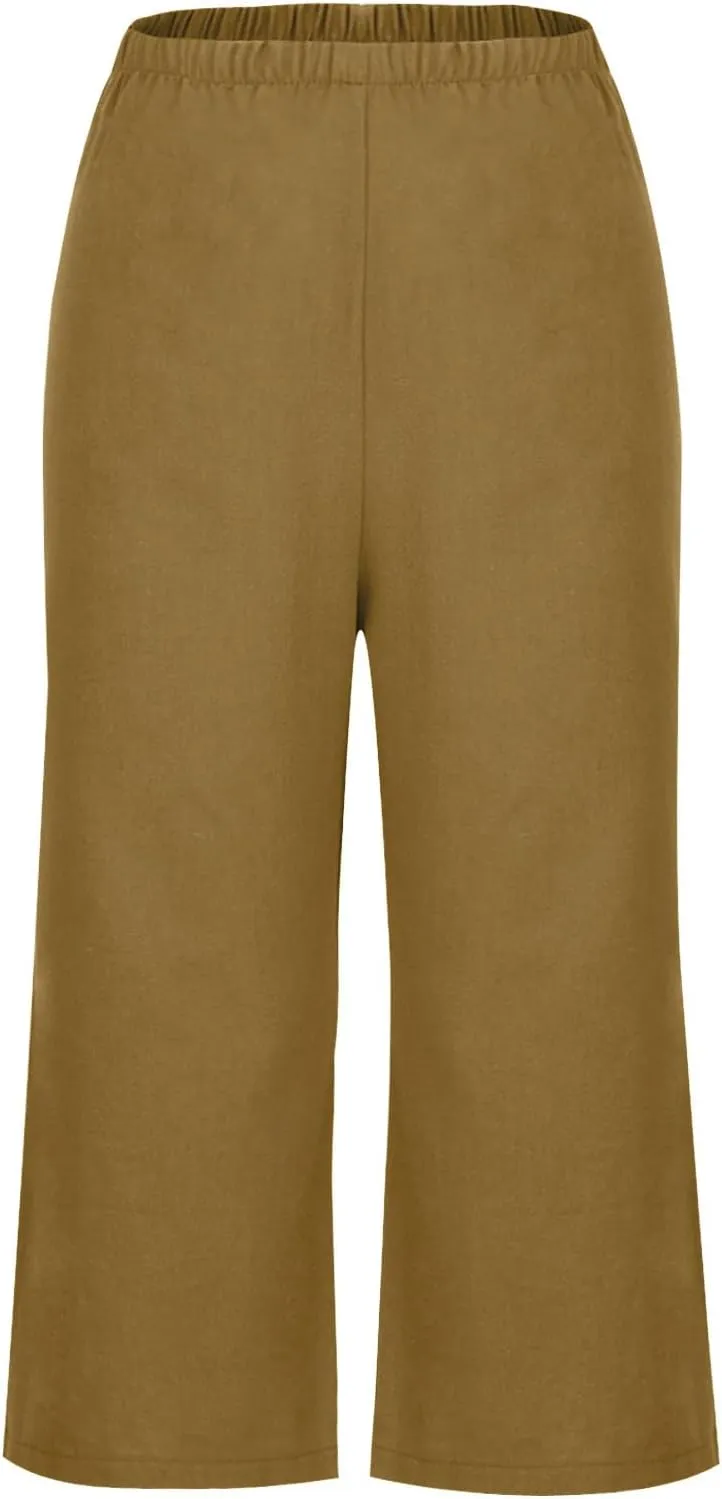 Women's Wide Leg Cropped Pants High Waist Cotton Linen Capris Pants Summer Vacation Fashion Outfit Casual Trousers