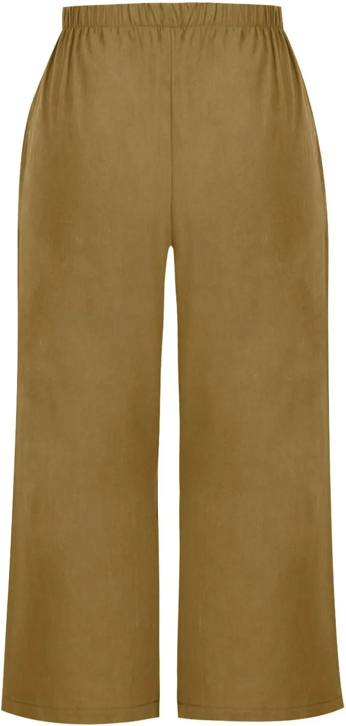 Women's Wide Leg Cropped Pants High Waist Cotton Linen Capris Pants Summer Vacation Fashion Outfit Casual Trousers