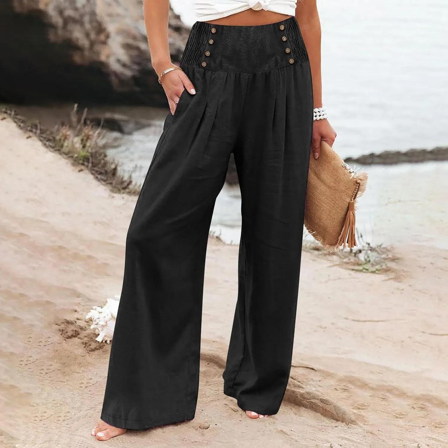 Women's Wide Leg Pants Elastic Waisted Palazzo Pants Casual Yoga Pants Business Casual Long Trousers with Pockets