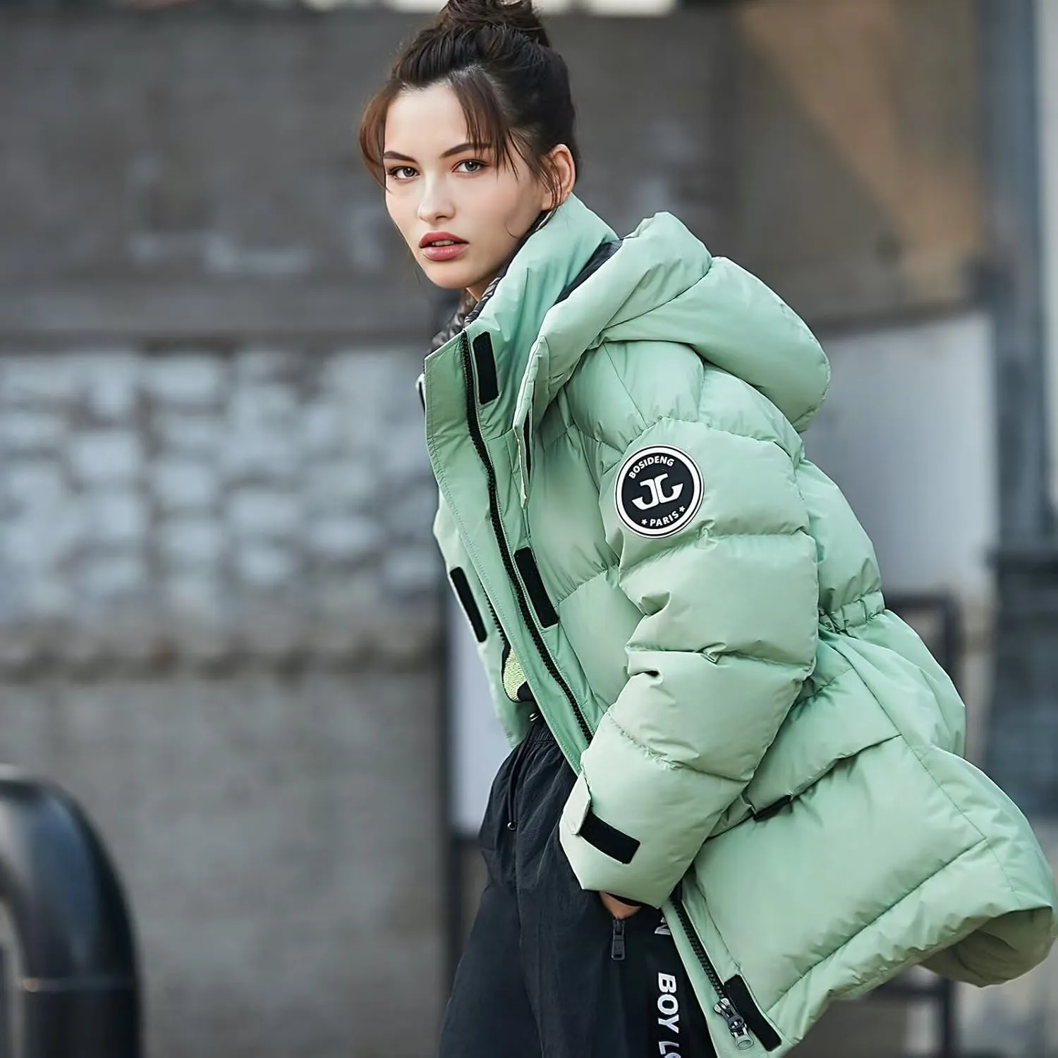 Women's Winter Down Jacket Removable Hood, Waisted Puffer Down Jacket Workwear Thickened Coat.