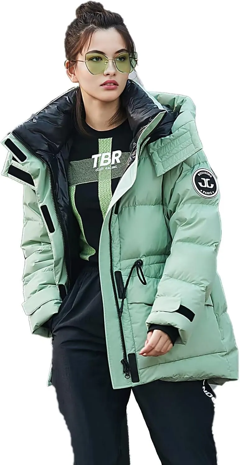 Women's Winter Down Jacket Removable Hood, Waisted Puffer Down Jacket Workwear Thickened Coat.