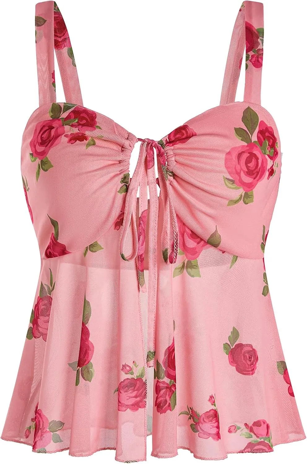 Women's Y2k Floral Camisole Top Bow Tie Knot Boho Cami Crop Tank