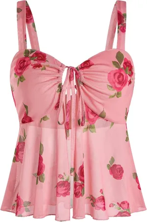 Women's Y2k Floral Camisole Top Bow Tie Knot Boho Cami Crop Tank