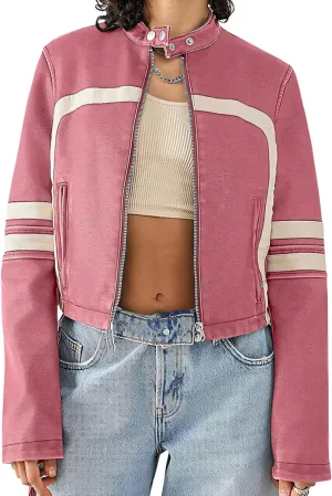 Wuitrie Womens Faux Leather Jacket Color Block Cropped Jacket Long Sleeve Zipper Motorcycle Jacket Vintage Coat Streetwear