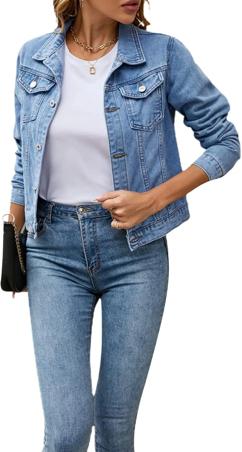 XBTCLXEBCO Women's Cropped Denim Jacket Long Sleeve Lapel Button Down Jean Coat Classic Trucker Jacket Distressed Shacket