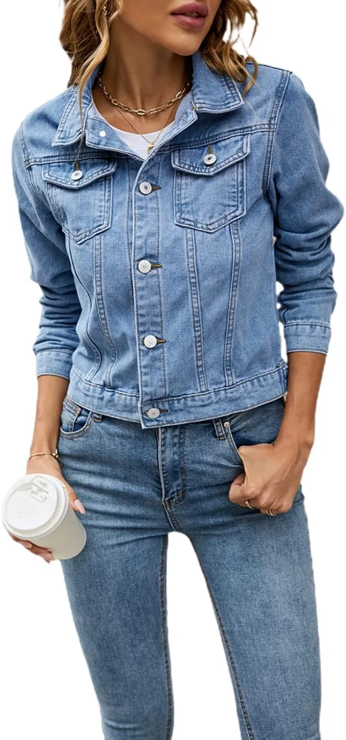 XBTCLXEBCO Women's Cropped Denim Jacket Long Sleeve Lapel Button Down Jean Coat Classic Trucker Jacket Distressed Shacket