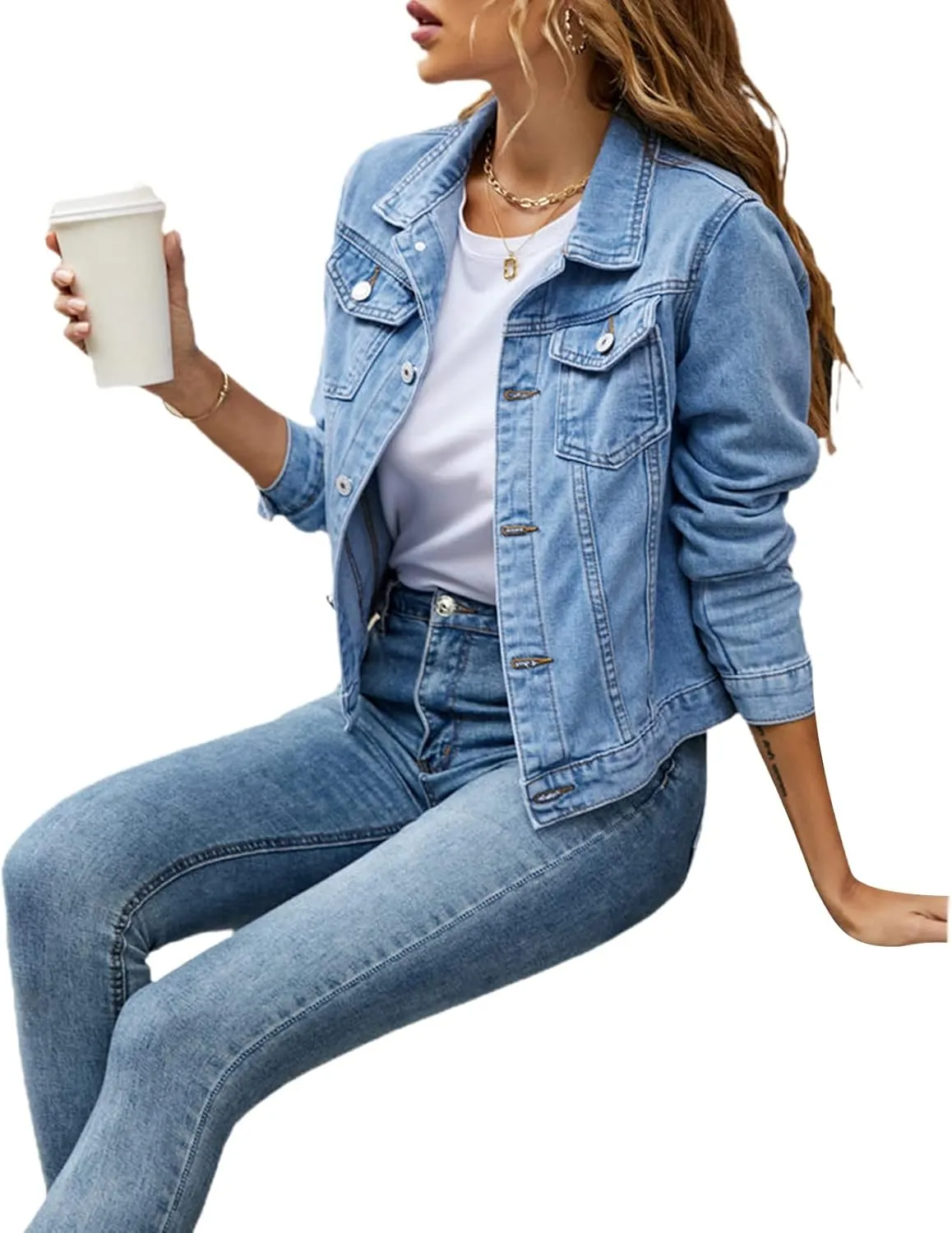 XBTCLXEBCO Women's Cropped Denim Jacket Long Sleeve Lapel Button Down Jean Coat Classic Trucker Jacket Distressed Shacket