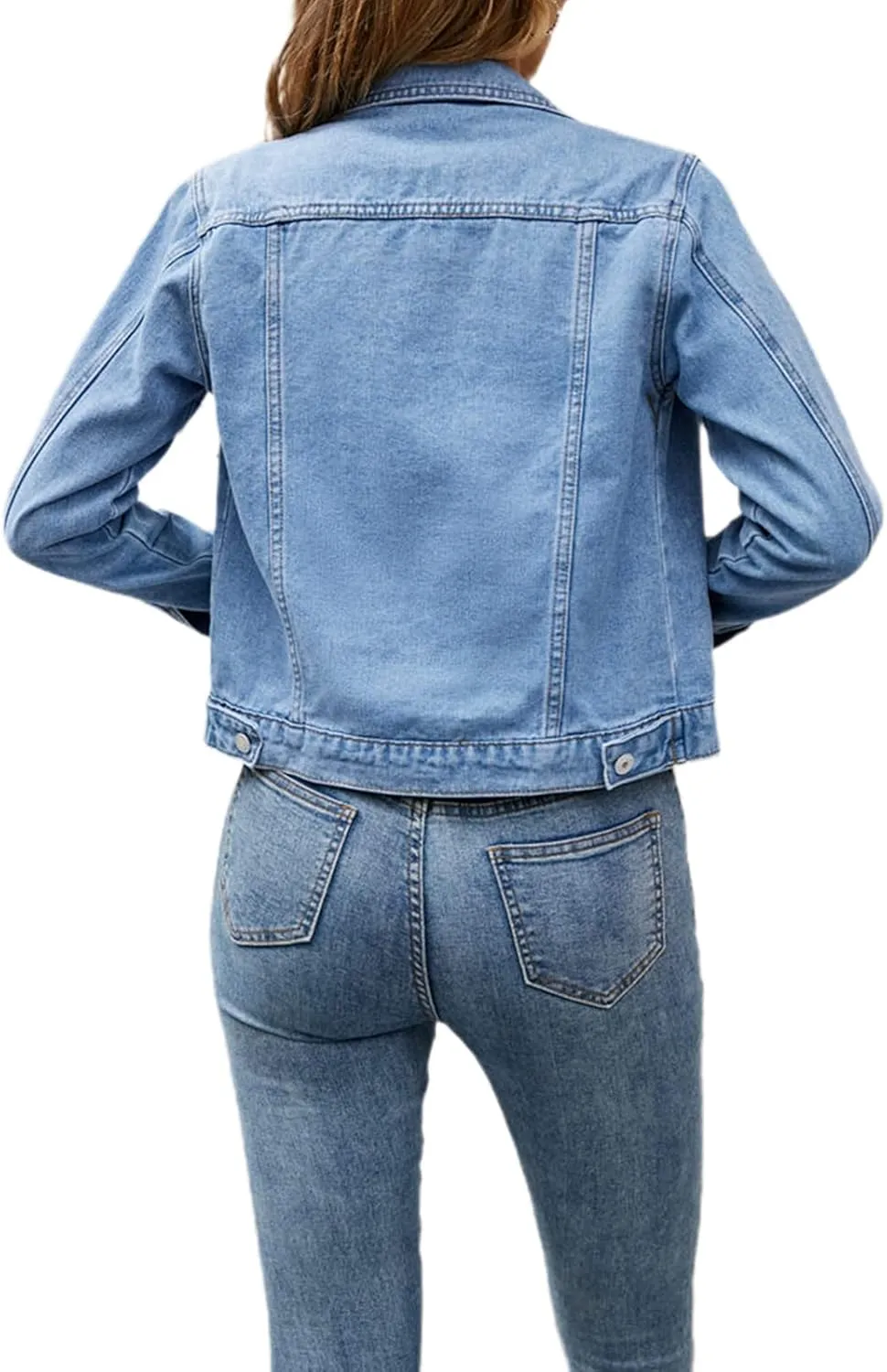 XBTCLXEBCO Women's Cropped Denim Jacket Long Sleeve Lapel Button Down Jean Coat Classic Trucker Jacket Distressed Shacket