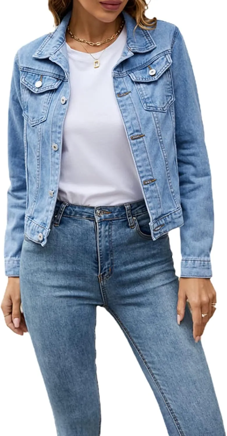 XBTCLXEBCO Women's Cropped Denim Jacket Long Sleeve Lapel Button Down Jean Coat Classic Trucker Jacket Distressed Shacket