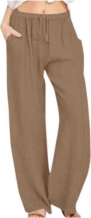 Xiaojmake Linen Pants Women Summer Boho Pants 2025 Casual Loose Drawstring Wide Leg Trousers High Waist Lounge Beach Pants
