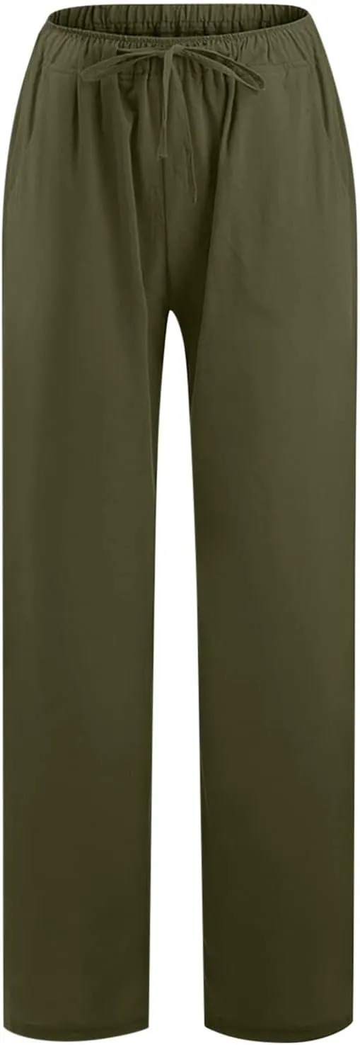 Xiaojmake Womens Linen Palazzo Pants Summer Loose Wide Leg Pants Drawstring Tie Elastic High Waist Trousers with Side Pockets
