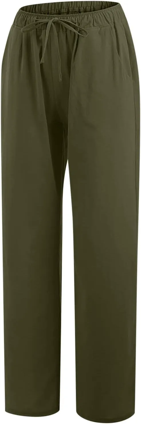 Xiaojmake Womens Linen Palazzo Pants Summer Loose Wide Leg Pants Drawstring Tie Elastic High Waist Trousers with Side Pockets