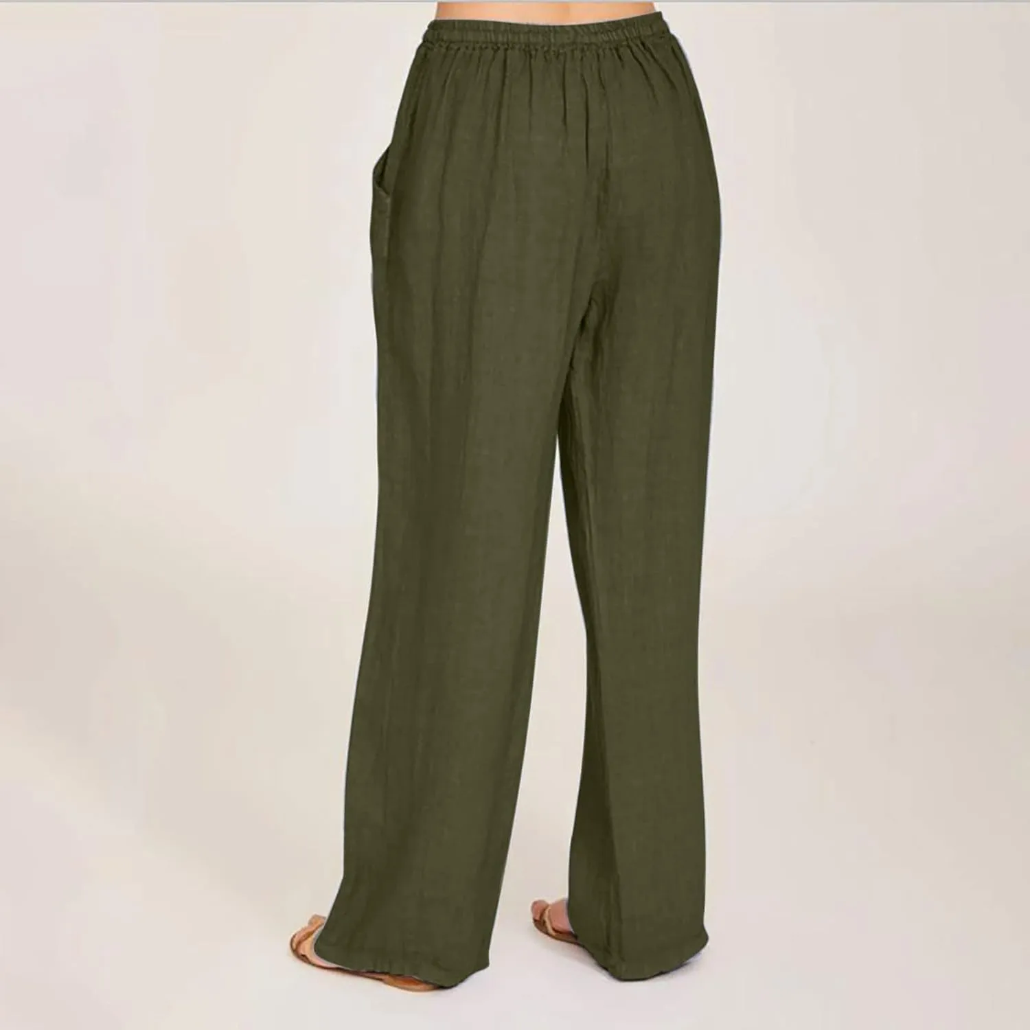Xiaojmake Womens Linen Palazzo Pants Summer Loose Wide Leg Pants Drawstring Tie Elastic High Waist Trousers with Side Pockets