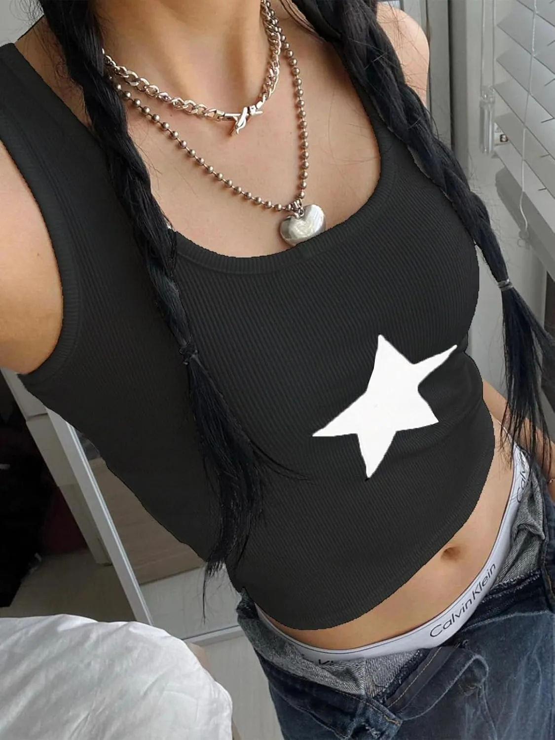 Xineicy Women's Star Sleeveless Crop Top Vintage Y2k Tops Round Neck Racerback Tank Tops Casual Tee