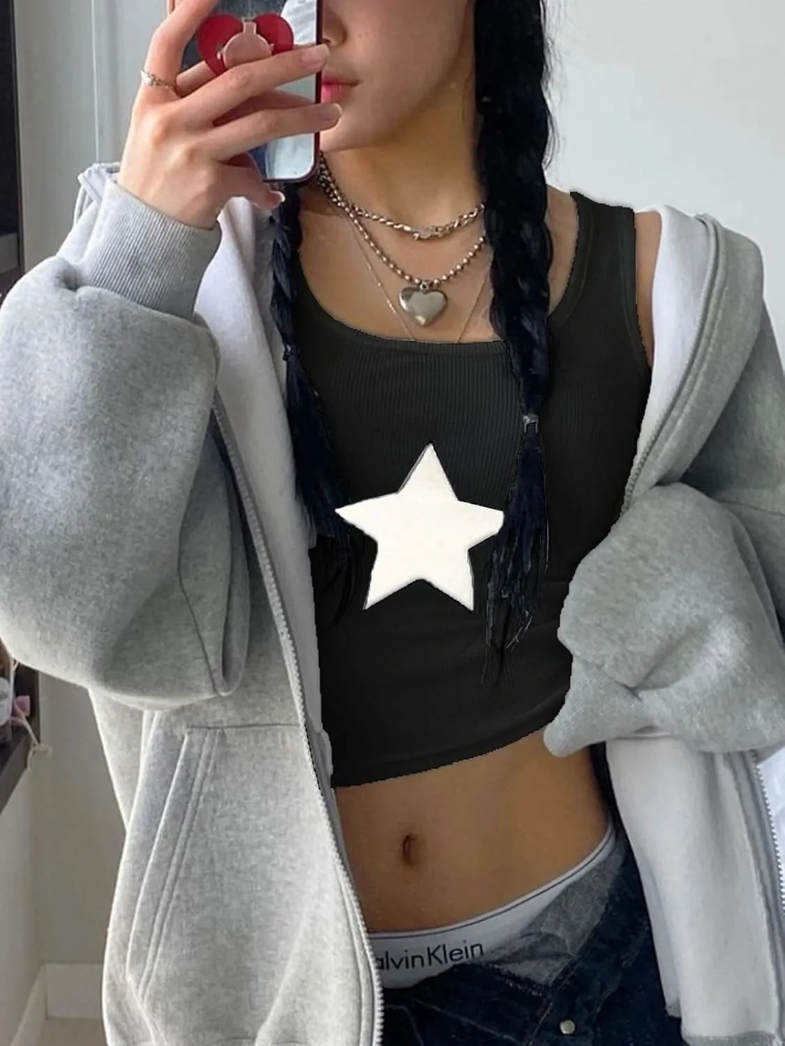 Xineicy Women's Star Sleeveless Crop Top Vintage Y2k Tops Round Neck Racerback Tank Tops Casual Tee