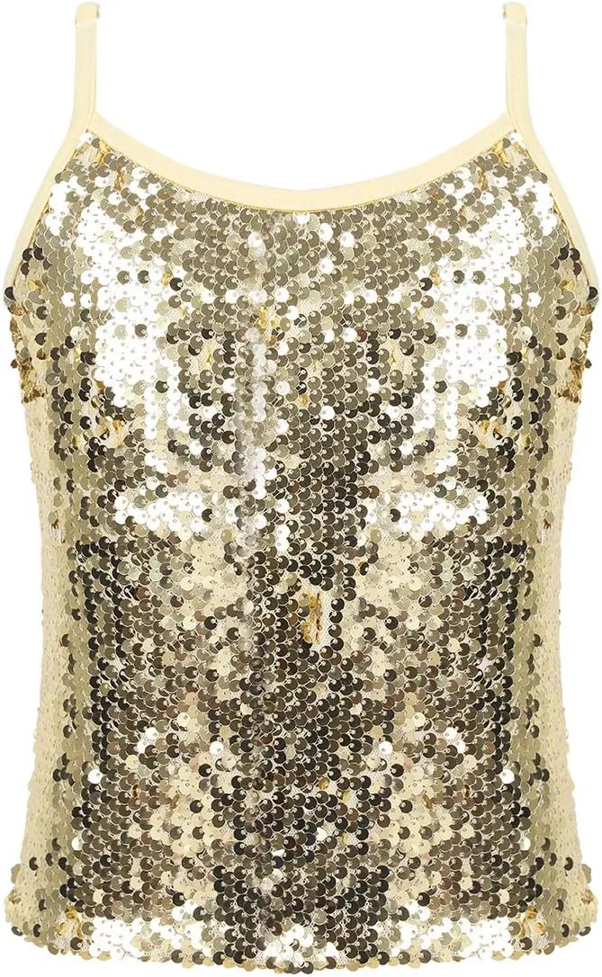 YiZYiF Youth Kids Girls Dance Fashion Spaghetti Straps Tank Tee Metallic Shiny Party Camisole Vest Tops