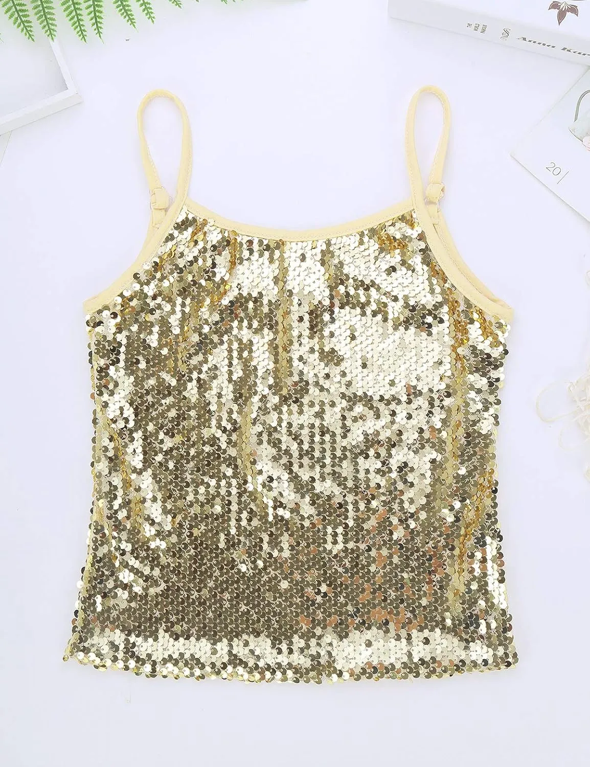 YiZYiF Youth Kids Girls Dance Fashion Spaghetti Straps Tank Tee Metallic Shiny Party Camisole Vest Tops