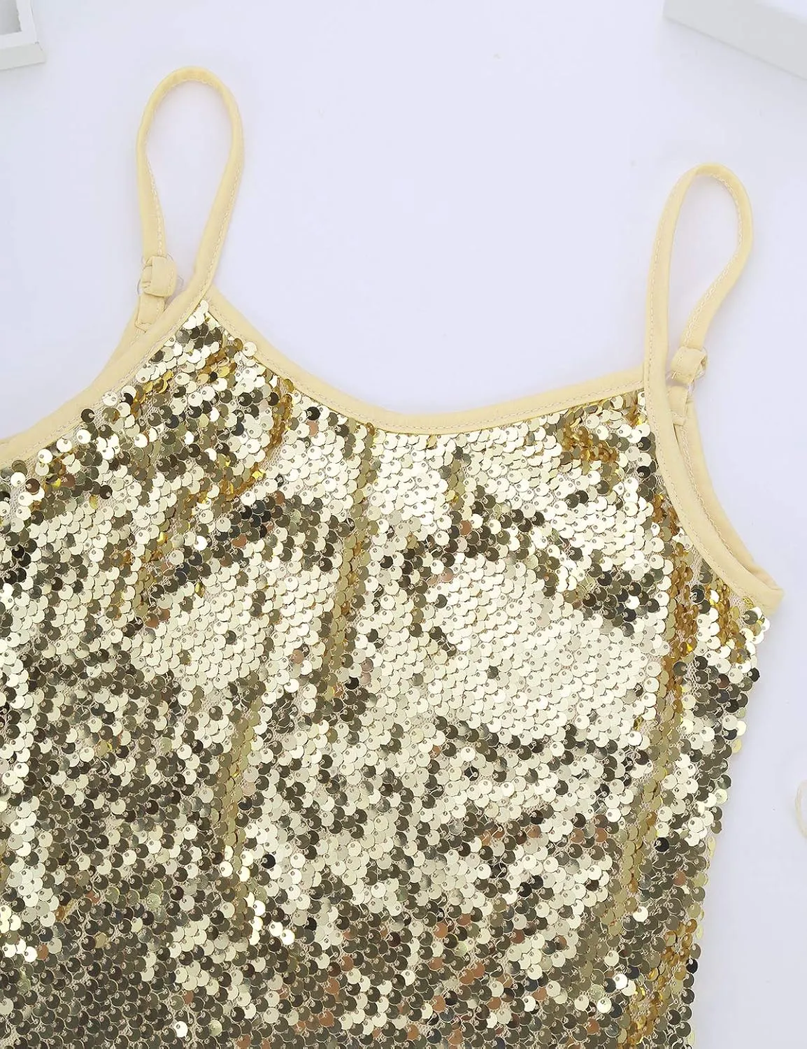 YiZYiF Youth Kids Girls Dance Fashion Spaghetti Straps Tank Tee Metallic Shiny Party Camisole Vest Tops
