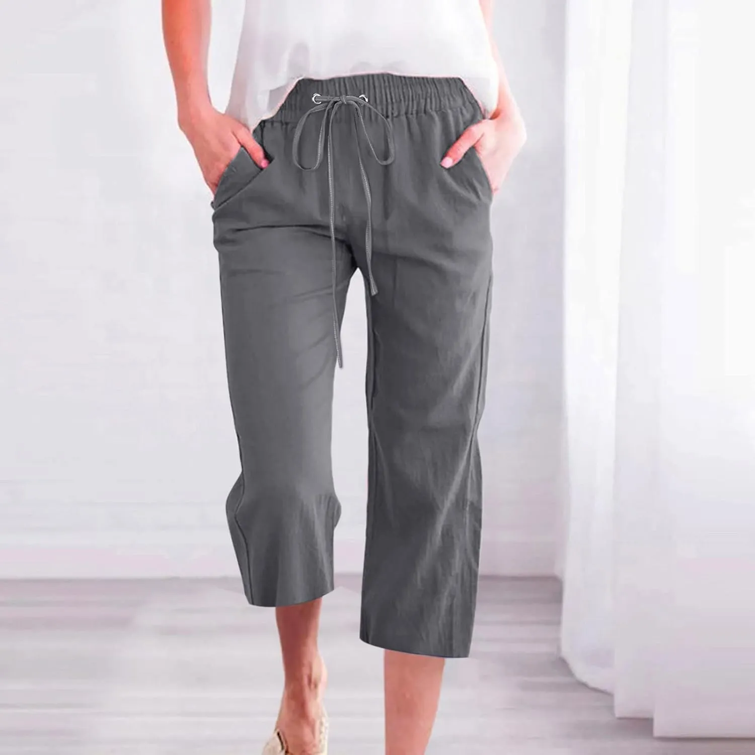YRAETENM Capri Linen Pants for Women Summer Drawstring Elastic High Waist Lounge Pants Straight Wide Leg Cropped Trouser