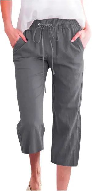 YRAETENM Capri Linen Pants for Women Summer Drawstring Elastic High Waist Lounge Pants Straight Wide Leg Cropped Trouser