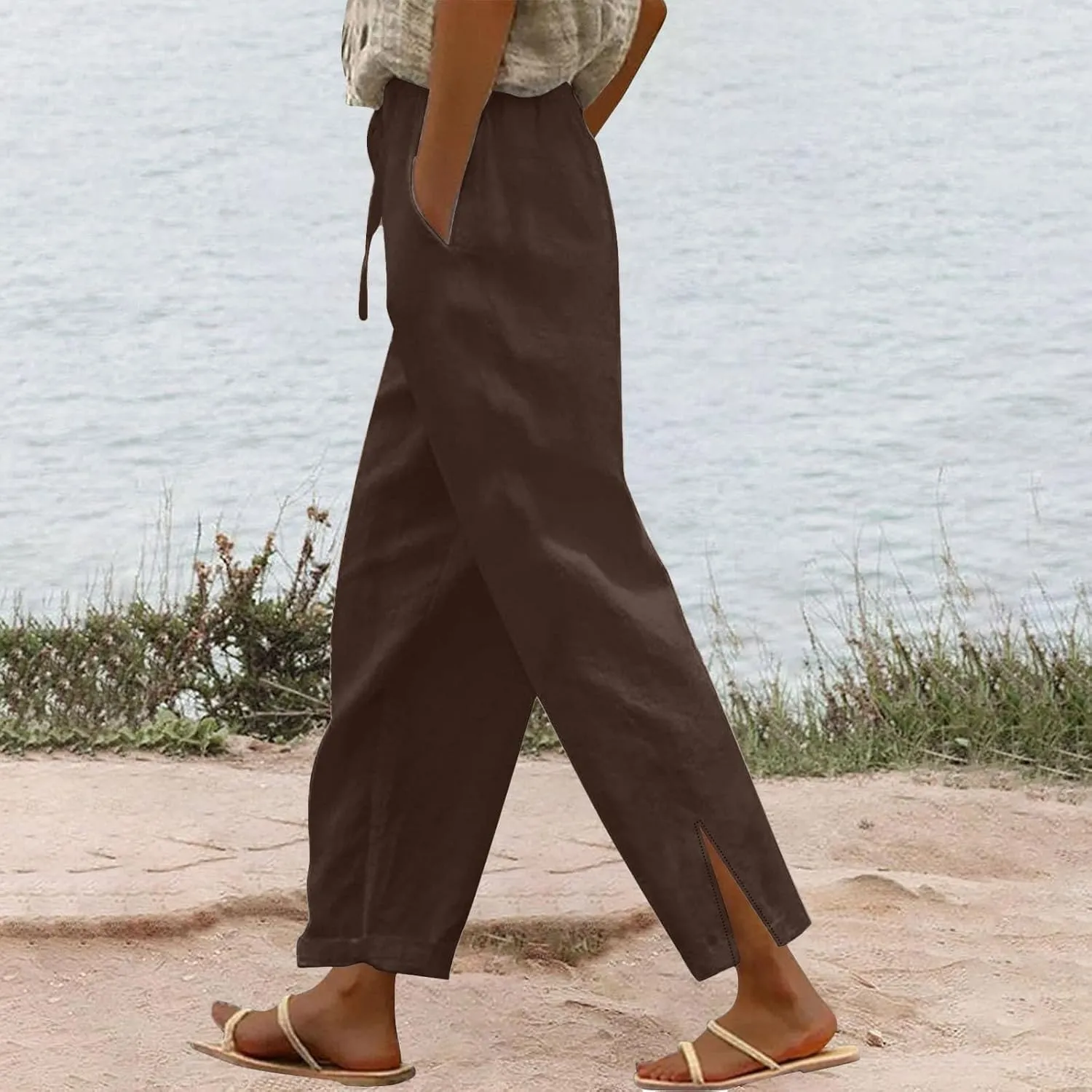 YRAETENM Linen Pants for Women High Waisted Elastic Drawstring Wide Leg Trousers Casual Comfy Beach Outfits with Pockets