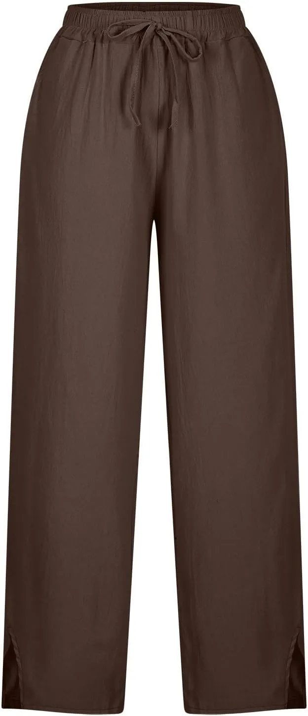 YRAETENM Linen Pants for Women High Waisted Elastic Drawstring Wide Leg Trousers Casual Comfy Beach Outfits with Pockets