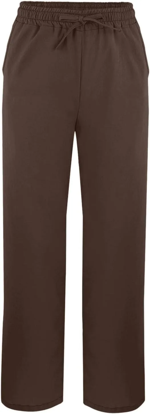 YRAETENM Linen Pants for Women High Waisted Elastic Drawstring Wide Leg Trousers Casual Comfy Beach Outfits with Pockets