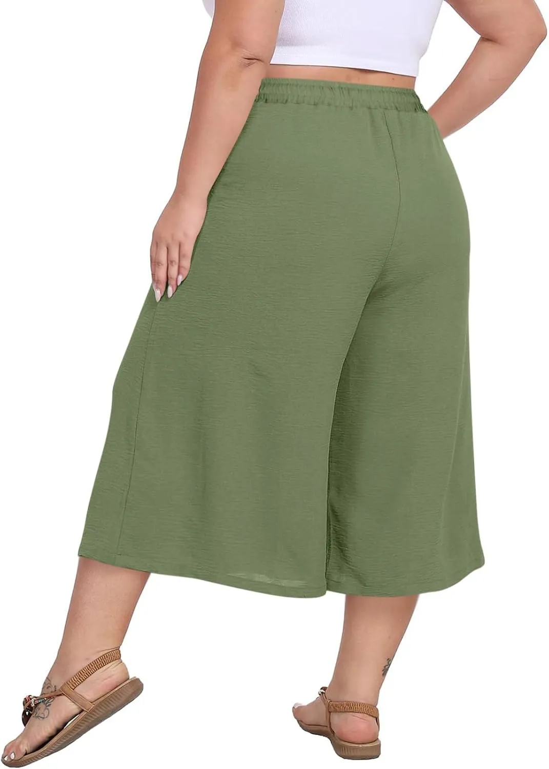 YRAETENM Plus Size Women's Linen Capri Pants Casual High Waisted Drawstring Lounge Trousers Wide Leg Capris with Pockets