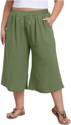 YRAETENM Plus Size Women's Linen Capri Pants Casual High Waisted Drawstring Lounge Trousers Wide Leg Capris with Pockets