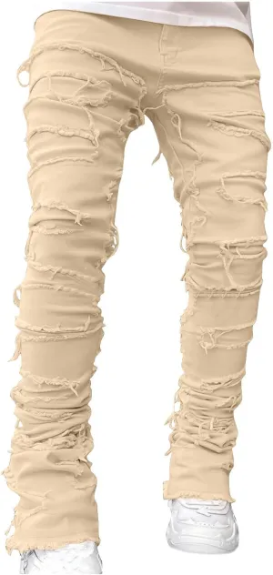 YUHGODO Men's Slim Fit Stretch Jeans Retro Distressed Patchwork Stacked Frayed Straight Leg Skinny Denim Pants Fall Outfits