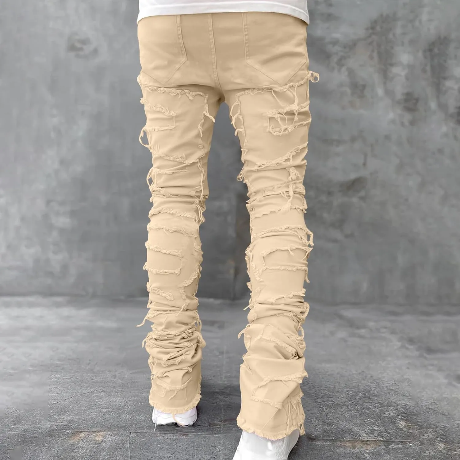 YUHGODO Men's Slim Fit Stretch Jeans Retro Distressed Patchwork Stacked Frayed Straight Leg Skinny Denim Pants Fall Outfits