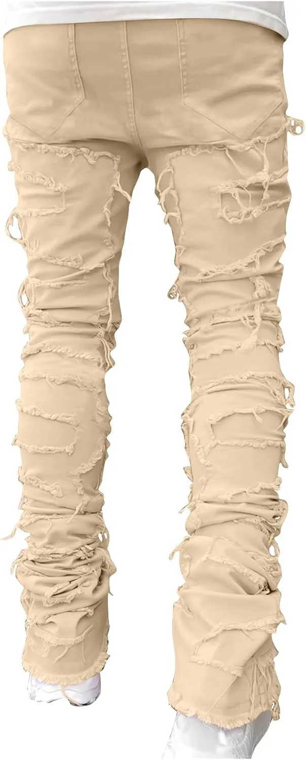 YUHGODO Men's Slim Fit Stretch Jeans Retro Distressed Patchwork Stacked Frayed Straight Leg Skinny Denim Pants Fall Outfits