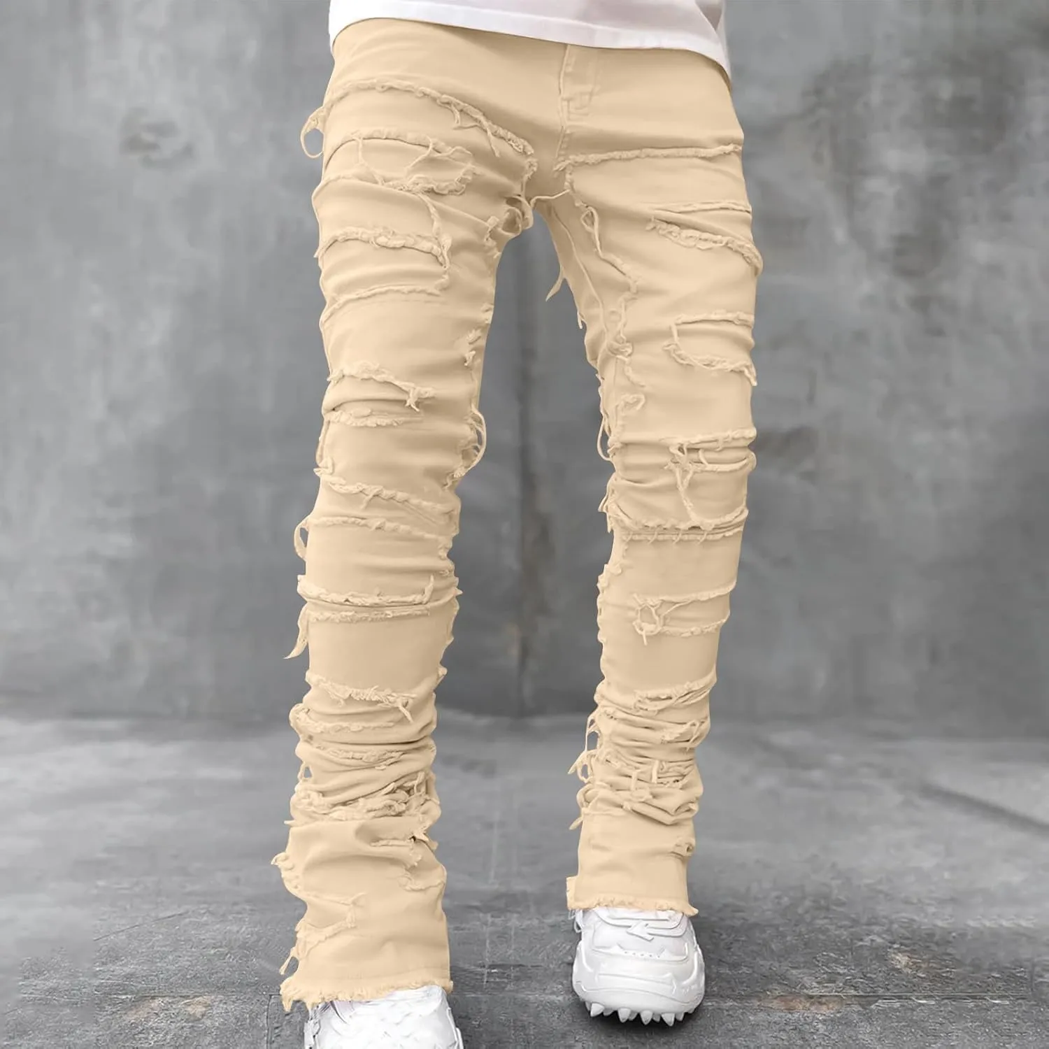 YUHGODO Men's Slim Fit Stretch Jeans Retro Distressed Patchwork Stacked Frayed Straight Leg Skinny Denim Pants Fall Outfits