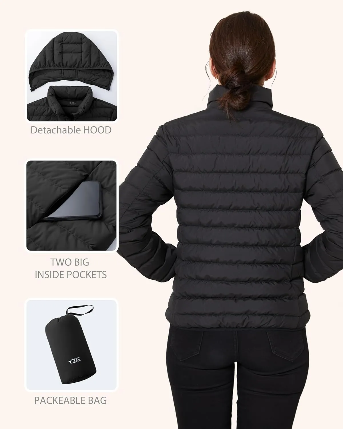YZG Down Jacket for Women Lightweight Long Sleeve Quilted Puffer Coat with Detachable Hooded