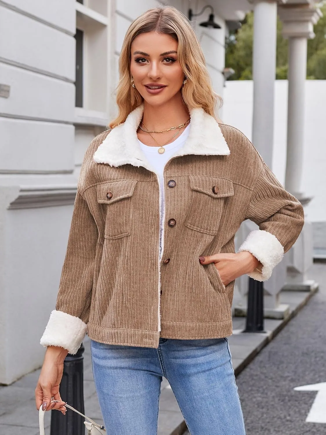 ZAFUL 2024 Womens Sherpa Fleece Jacket Button Down Corduroy Shacket Casual Winter Warm Coat With Pockets