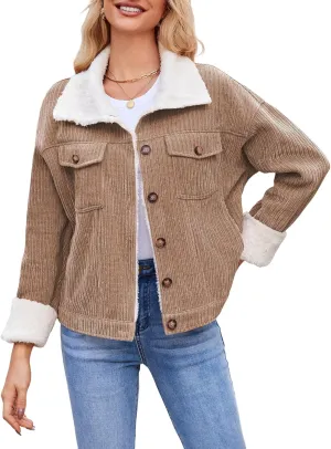 ZAFUL 2024 Womens Sherpa Fleece Jacket Button Down Corduroy Shacket Casual Winter Warm Coat With Pockets