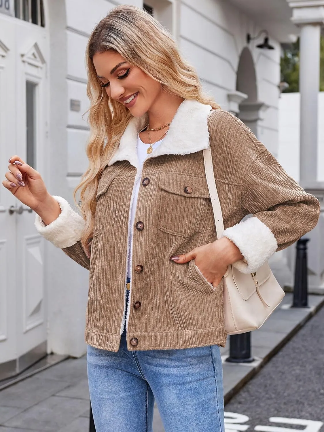 ZAFUL 2024 Womens Sherpa Fleece Jacket Button Down Corduroy Shacket Casual Winter Warm Coat With Pockets