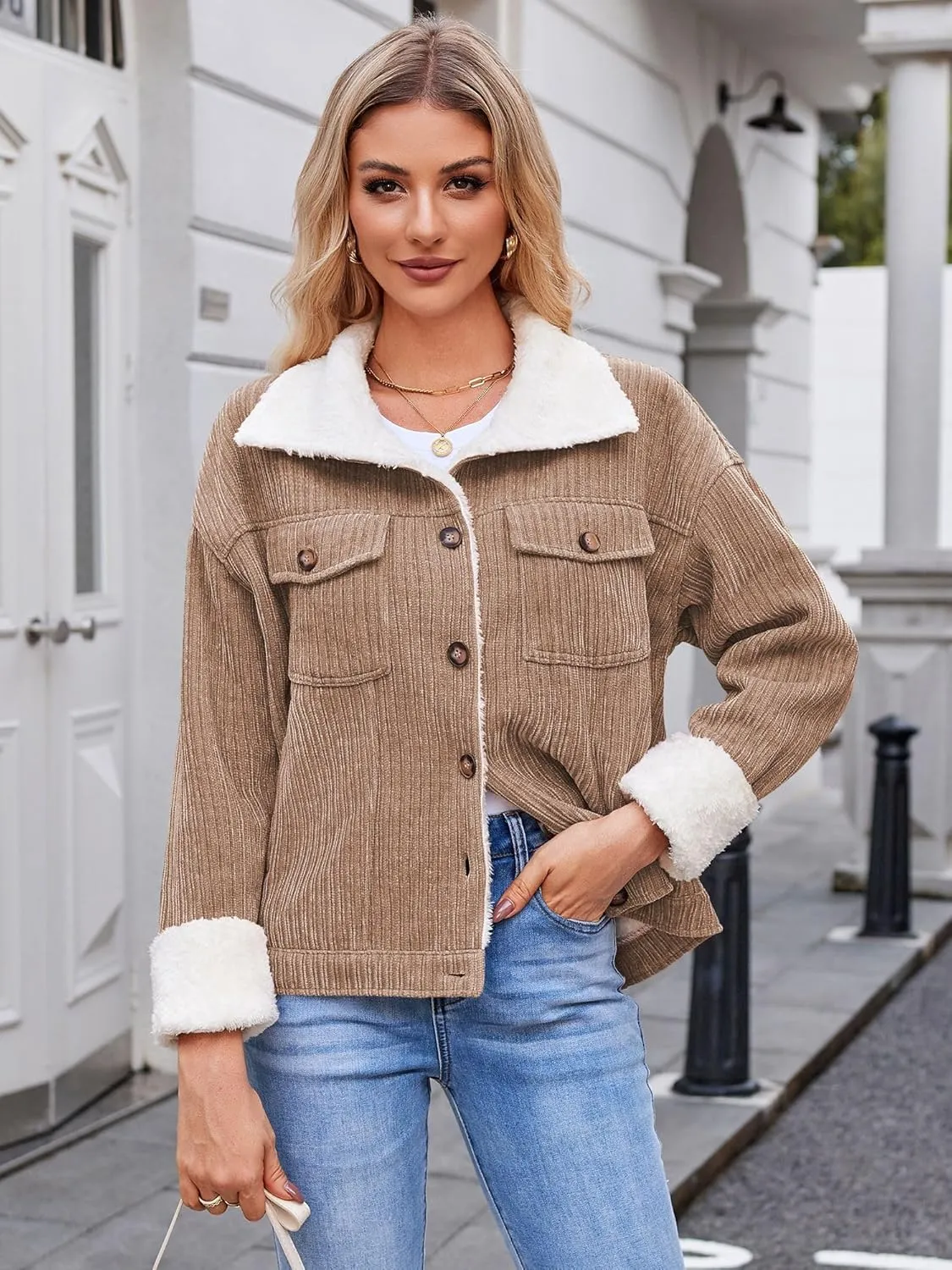 ZAFUL 2024 Womens Sherpa Fleece Jacket Button Down Corduroy Shacket Casual Winter Warm Coat With Pockets