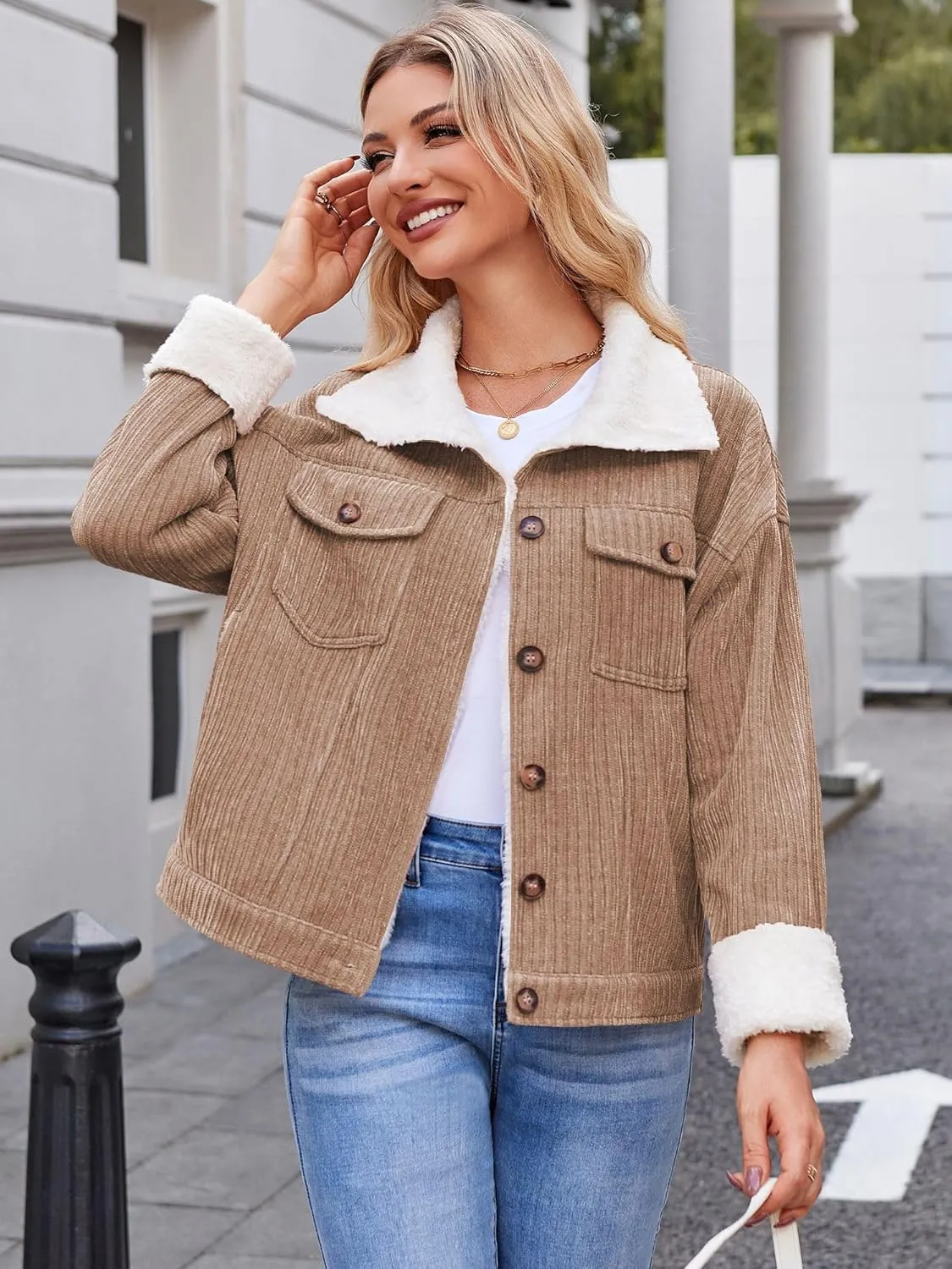 ZAFUL 2024 Womens Sherpa Fleece Jacket Button Down Corduroy Shacket Casual Winter Warm Coat With Pockets
