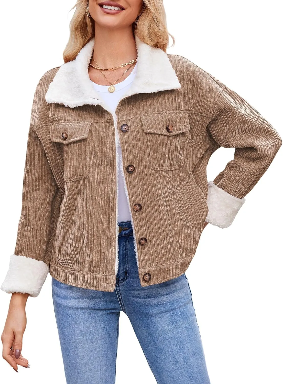 ZAFUL 2024 Womens Sherpa Fleece Jacket Button Down Corduroy Shacket Casual Winter Warm Coat With Pockets