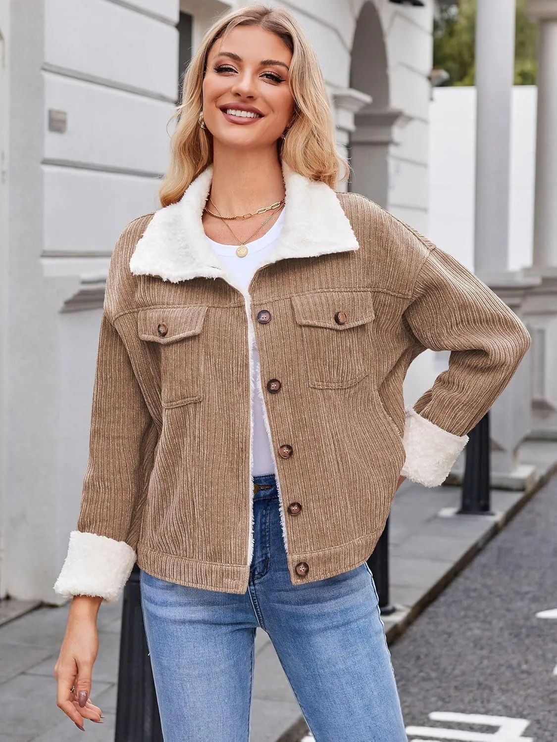 ZAFUL 2024 Womens Sherpa Fleece Jacket Button Down Corduroy Shacket Casual Winter Warm Coat With Pockets