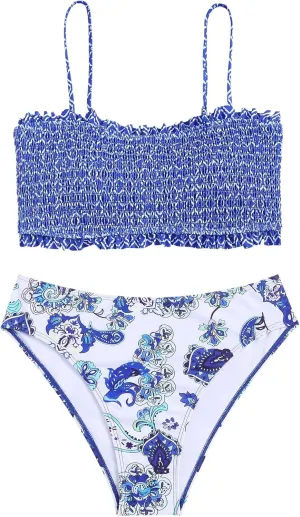 ZAFUL Women's Back tie Camisole top high Waist Panties Print Bikini Set