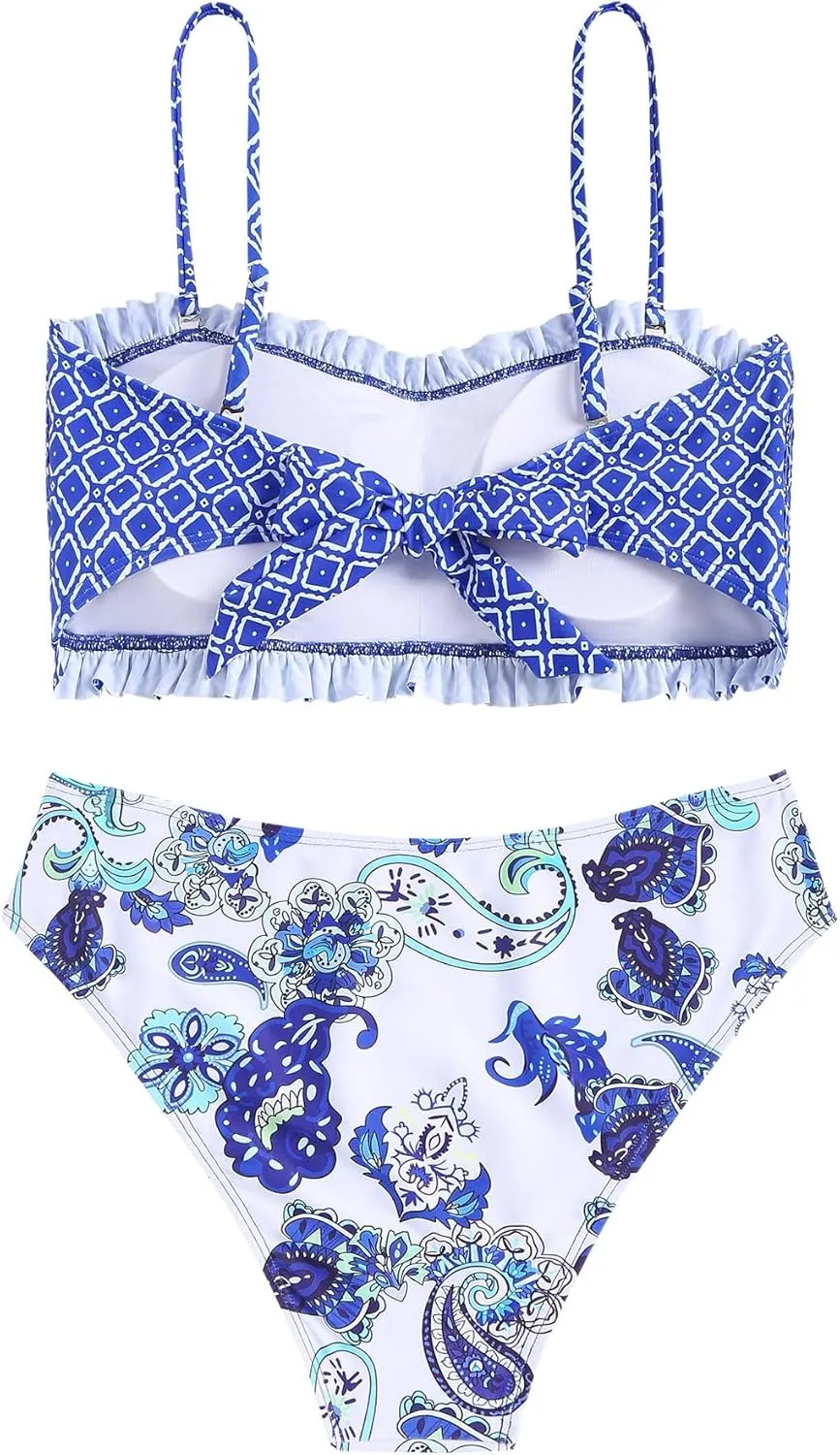 ZAFUL Women's Back tie Camisole top high Waist Panties Print Bikini Set