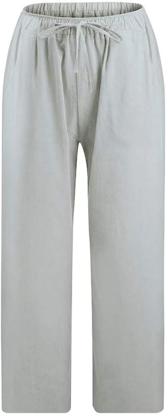 ZDRZK Lightweight Summer Pants Women Casual Cotton Linen Cropped Pants Elastic Waist Drawstring Wide Leg Capris Trousers